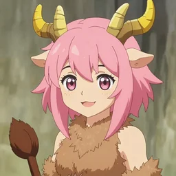 Anime portrait of a smiling demi-human, short pink hair, gold and yellow notched antlers, bottom-half goat top-half woman, brown fur, brown tail, trending on artstation