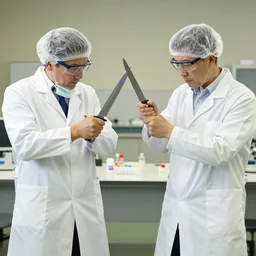chemists in white coats are fighting with knives