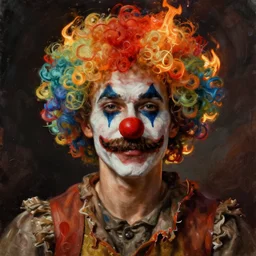oil matte portrait, mustache man in rags with clown wig and nose, hair on fire. digital painting, fantasy, concept art, cinematic colors, realistic shaded. by ilya kuvshinov, magali villeneuve, artgerm, greg rutkowski