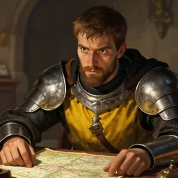Closeup of frustrated male medieval lieutenant with a {short} beard wearing a black!!!! and yellow tabard over a steel breastplate and a black gambeson looking up from a map on a table, intricate, dramatic lighting, perfect brown eyes, illustration by Greg Rutkowski, ArtStation, digital art, fantasy