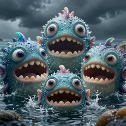 of a dark and stormy ocean with large strange cute friendly water creatures with big eyes, mouth and round teeth appearing from the water, in the style of Giger, macro lens, shallow depth of field, highly detailed, digital painting, trending artstation, concept art, illustration, cinematic lighting, vibrant colors, photorealism, epic, octane render