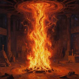 his nerve paths and magnetic envelope shape every time the slightest energy change occurred in the room was tremendous. the pillar of flame was burning hundreds of seconds a second. painting by william higginson, kopera