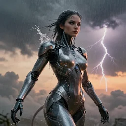 a biblical diabolical beautiful female android, rain on face, shiny hi tech armor, dynamic pose, splashing, heavy eyes to the side, glowing veins, in clouds, rain and lightning storm, sunset, portrait, by gerald brom, by mikhail vrubel, by peter elson, muted colors, extreme detail, reflections, trending on artstation, 8 k