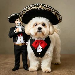 a cream-colored Havanese dog dressed as a mariachi Singer, Leica 35mm, 4K