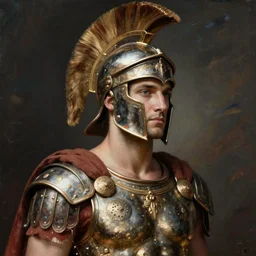 portrait of ancient athenian warrior with helmet and breastplate,