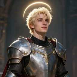 Portrait of a young Aasimar man wearing a paladin's garb with short platinum blonde hair a kind face a halo of light and a distantly hopeful expression, cinematic lighting, detailed, beautiful, illustration by Greg Rutkowski, Andrei Riabovitchev Jean Giraud Tom Anders Zorn, Edward Hopper and Ilya Kushinov, Frederick Bacon, Tom Anders Zorn, John Collier, Vladimir Abat-Cherkasov