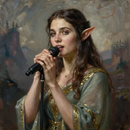 a full body high detail fantasy portrait oil painting illustration of young monica bellucci as a beautiful sophisticated singing bard elf by justin sweet with face and body clearly visible, in a scenic background, pupils visible, realistic proportions, d & d, rpg, forgotten realms, artstation trending, high quality, sombre mood, artstation trending, muted colours, entire person visible!