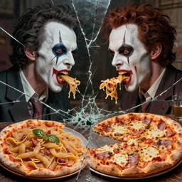 the best lack all conviction while the worst are full of passionate intensity, battle of pasta versus pizza, insanely detailed and intricate, hyperrealistic, seen through broken glass, jekyll and hyde