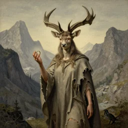 A detailed horned deerwoman stands among the mountains with a ring in hand. Wearing a ripped mantle, robe. Extremely high details, realistic, fantasy art, solo, masterpiece, art by Zdzisław Beksiński, Arthur Rackham, Dariusz Zawadzki