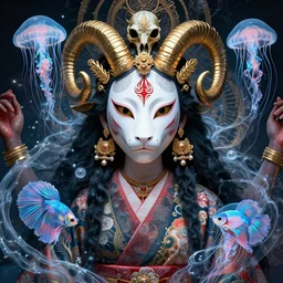 3 d indian goddess kali close up frontal view, portrait, astral projection, with ram golden skull. beautiful intricately detailed japanese fractal kitsune mask and clasical japanese kimono. betta fish, jellyfish fractal, bio luminescent, plasma, ice, water, wind, creature, mandelbulb, fractal, artwork by tooth wu and wlop and beeple and greg rutkowski