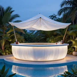 a bar made with translucid fabric, swimming pool in front, parametric, blue hour, hyperrealistic, elevation, vray, unreal engine, lush tropical plants
