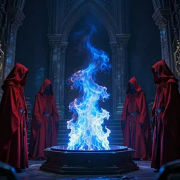 A blazing and bright blue flame is worshipped at the center of a gothic temple by hooded cultists dressed in red at night; dark fantasy; trending on artstation