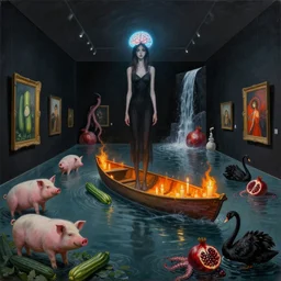 painting of a flooded art gallery at night, a tall emo girl, a glowing brain, nightmare, a burning canoe, candles, art gallery interior with black walls, pigs, courgette, waterfall, pomegranates, octopus, zen, sensual, liminal space, black swans, berries, surrealist, by magritte and monet