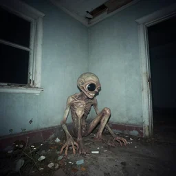 nightvision flash photo of a bizzare creature sitting in the corner of abandoned house, ultra detailed teeth and black eye, fog, wide angle, 4k