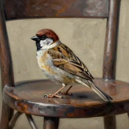 an oil paiting of a sparrow perched on a chair, highly detailed, oleo, artstation, sharp focus, by diego velazquez