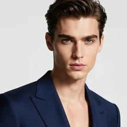 epic portrait of beautiful male face supermodel portrait in dark blue suit with colorful tie by amy leibowitz, wlop, jeremy lipkin, beeple, intricate, artgerm, ilya kuvshinov, stormy clouds background