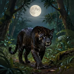 a beautiful matte painting of a black jaguar walking in the jungle at night, facing front, with full moon in the sky, ayahuasca