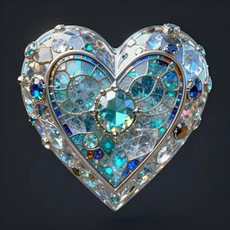 steampunk centered symmetrical shyny pearlescent heart, shiny with multicolored gems, glass, ice. by casey baugh, by rembrandt, mandelbulb 3 d, turquoise rust, stained glass