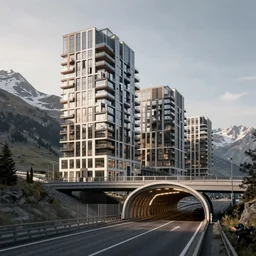 modern bjarke ingels condo building and gotthard tunnel entrance combined, highway road network, wide establishing shot, soft dramatic lighting, sharp focus, 4 k digital camera
