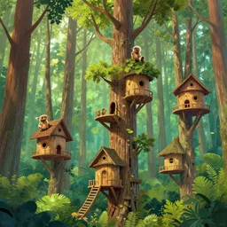 adventurous ewok exploring the connected treehouses on top the tall wooded forest, artstation, colorful