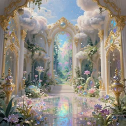 dreamy landscape in an ornate baroque aya takano-inspired dream palace sparkle courtyard overgrown with metallic blender renders of falling iridescent flower petals, gorgeous cloud-structures surrounded by cute forest scenery with various futuristic exobiome-related plants, iridescent pixiv scenery artwork ornated by gold-trimmed nature, beautiful surrealism oil painting, trending on artstation
