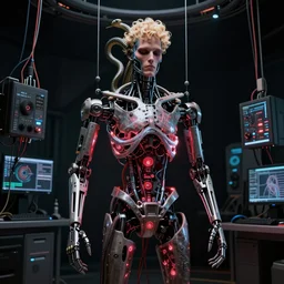 the torso of fully a mechanical terminator man with borg implants, human face and robotic snakes coming out of his head is hanging from cables and wires off the ceiling of an futuristic computer lab and plugged into a quantum computer. His bottom half is missing with cables hanging out. resonance glowing red and white fractals, black dark background. curly blond hair pale skin. very detailed 8k. Cyberpunk horror style.