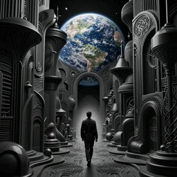 of a highly insane details of a photo of abstract architecture mixing between real and fake worlds, black color, walking towards planet earth in background, art nouveau, futuristic background, heavily detailed, intricate artwork by tooth wu, high contrast, sharp focus, blender, depth of field, aperture, 8 0 k,