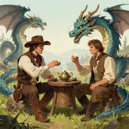 Tea ceremony between a Western cowboy and a dragon, fantasy concept art by Mark Winters