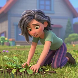 a pixar character, a beautiful and mad canadian woman, on her knees, pulling weeds out frantically, some grey hair, stripey pants,
