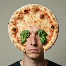 portrait of man with facial deformity making the head a flat and circular disc, looking like a neapolitan pizza, uneven skin with baked crust appearance, large freckles like browned spots, cheeks look like basil leaves, muted colors, soft lighting, sharp focus, neutral background, masterpiece, photo by jimmy nelson, giger, steve mccurry
