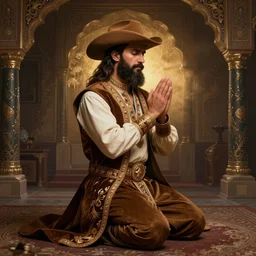 bearded cowboy kneeling for prayer, persian folkore illustration