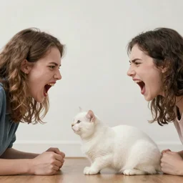 two women are yelling over a white cat, mem