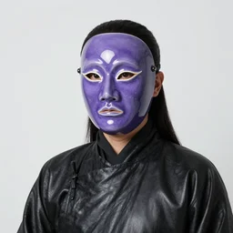 ulzzang with purple porcelain mask, black leather garment, medium shot