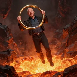 jeff bezos holding the one true ring as he falls into the lava of mount doom