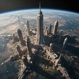 massive space future city on a planet surface, photoreal, dramatic, cinematic, detailed, magnificiant, realistic, photo real, unreal engine 5, rule of thirds, dynamic lighting, in the style of raphael lacoste, alex ross, eddie mendoza, sebastian luedke