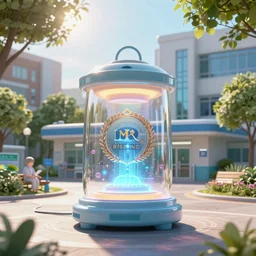 photo of glowing sci fi container powering a modern peaceful hospital in a pleasant urban setting with trees, day - time, sun overhead, award - winning, high res, 4 k, artstation