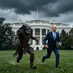 a monster from predator is chasing joe biden on the white house lawn during a storm, dramatic