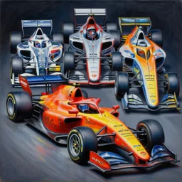 intricate five motorsport race cars by pablo picasso, oil on canvas, hdr, high detail, photo realistic, hyperrealism, matte finish, high contrast, 3 d depth, centered, masterpiece, vivid and vibrant colors, enhanced light effect, enhanced eye detail, artstationhd