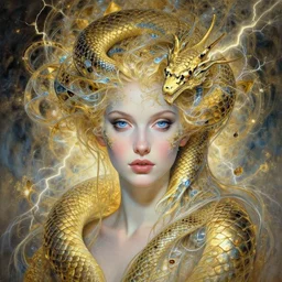 a detailed portrait of dreampunk goddess ( python ) fractal ( ( ( ( golden ) ) ) ) ( glass ) ( lightning ) beautiful! ( ( blue eyes ) ) by tomasz alen kopera and peter mohrbacher and johanna martine! and margaret keane! elegant alluring seductive luminescent