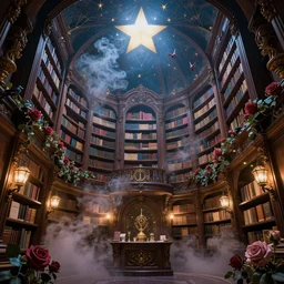 magic library in the style of rococo, star roof, dreamy, smoke, hogwarts style, birds, roses, fairy tale, evening lights, highly detailed, artstation, mysterious, comfort, in the style of aetherpunk