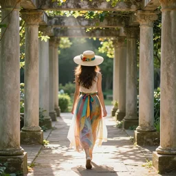 woman walking down a stone path in a garden, colonnade, brilliant god rays, diaphanous skirts, ribbons, sunhat with flowers, vibrant, hearthstone, by artgerm, by greg rutkowski, by alphonse mucha, by bouguereau, by ruan jia, by and conrad roset,