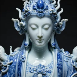 a close - up portrait of an ornate blue and white porcelain being made out of white vitrified translucent ceramic ; china. reflective detailed textures. gloomy black background. highly detailed fantasy science fiction painting by moebius, norman rockwell, frank frazetta, and syd mead. rich colors, high contrast. artstation