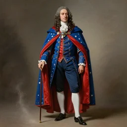 a nobleman with a blue and red cape, stars, sincere, modern maximalist suit, is ( ( holding a cane ) ). light dust, magnificent, hyperdetailed, theatrical, painted by jean honore fragonard and greg rutkowski