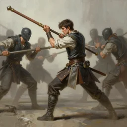 a young man, wielding a thick wooden quarterstaff in a defensive fight instance. cornered by enemies. intricate, elegant, highly detailed, digital painting, artstation, concept art, sharp focus, illustration, by justin gerard and artgerm, 8 k