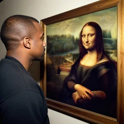 ultra wide angle photo of kanye west is looking at himself in a mirror and seeing his reflection as a giant portrait in the style da vinci