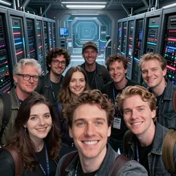 selfie of a tight group of drunk hackers at a party in a highly detailed server room in a scifi movie, retrofuturism, by jamie hewlett, nuri iyem, james gurney, james jean, greg rutkowski, anato finnstark. pixar. hyper detailed, wide angle, perfect faces