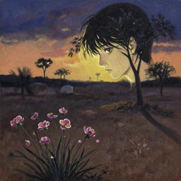 dusk at the oasis. gouache painting by award - winning mangaka, chiaroscuro, bloom, backlighting, intricate details