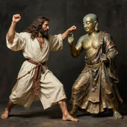 long hair jesus fighting with bald buddha, by caspar david friedrich