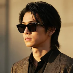 realistic photography portrait of young japanese male rock singer, with black sunglasses with a black mullet, golden hour lighing, intricate, elegant, highly detailed, sharp focus,