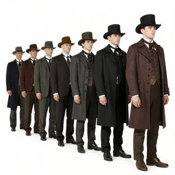 long line-up of suspects, full body view, retrofuturistic victorian fashion, white background